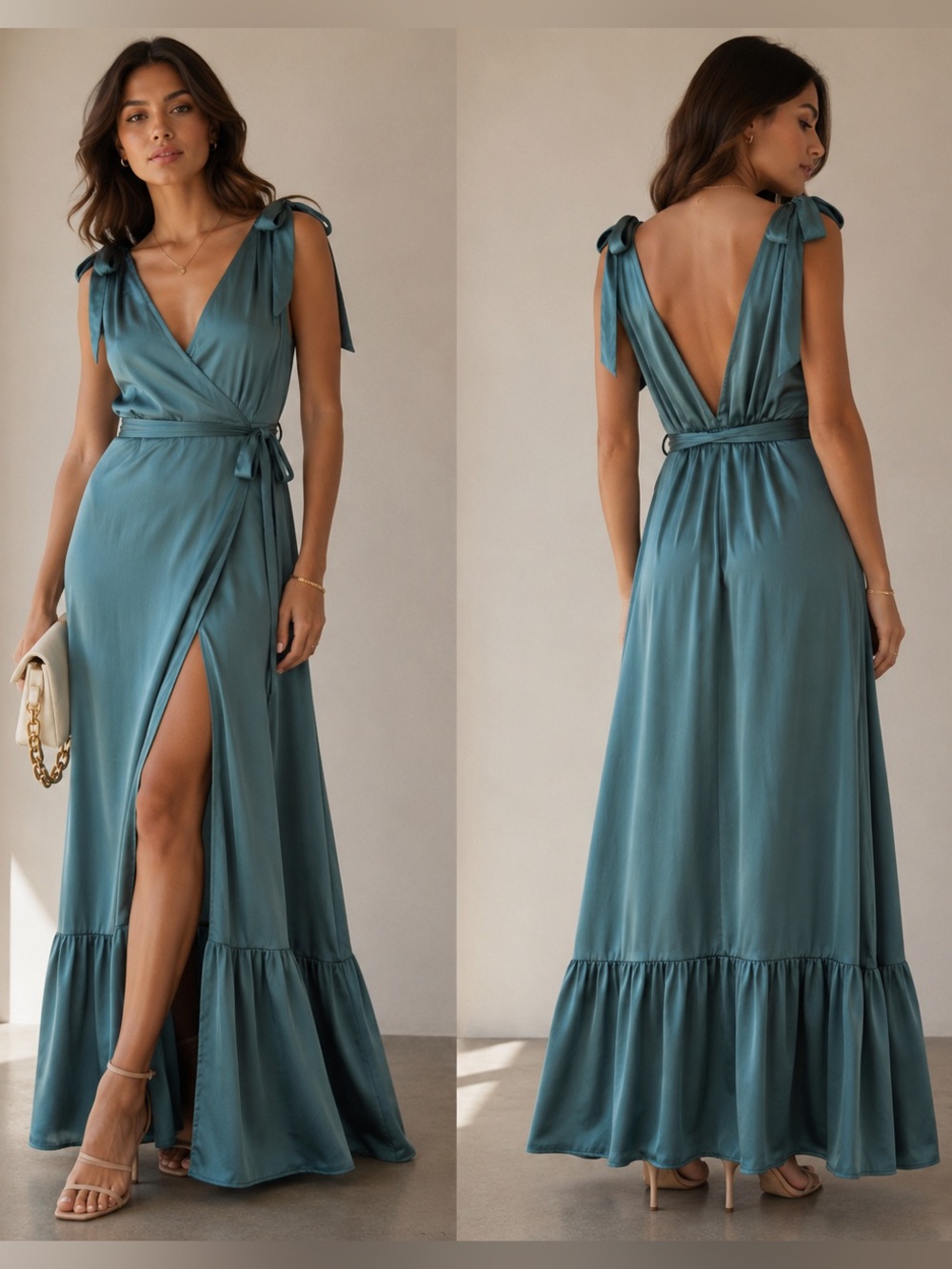 Abercrombie Satin Wrap Maxi Dress Teal Tie Shoulder Open Back Wedding Guest S